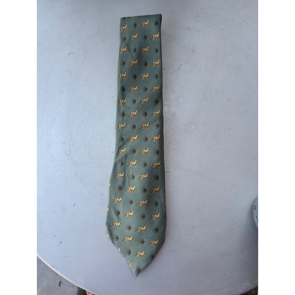 Olimpo Mens Silk Necktie Olive Green Cheetah Animal Print Medallion Spain